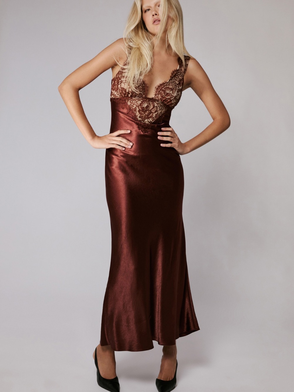 Satin Lace Slip Dress - Bardot
